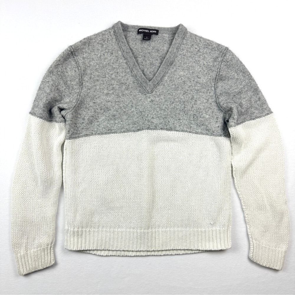 Michael Kors V-Neck Sweater Mens LARGE White Gray‎ Linen Cashmere Blend Pullover